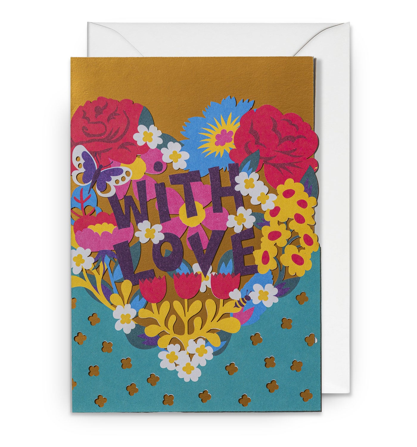 Carte de vœux découpée au laser avec un cœur floral et un cœur avec amour